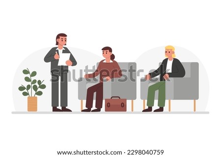 Group survey, questionnaire filling. Vector character calls people from queue on list. People are waiting for reception, sitting in chairs. Preparation for interview, registration. Comfortable testing