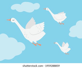 Group of swan birds flying in sky cartoon vector illustration. Goose family migrating together to warm countries. Animal, nature, wildlife concept