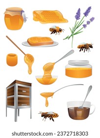 Group of sweet honey with bees, lavender flowers, hive, comb and