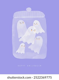 Group Sweet Little Ghosts Flying in a Big Jar. Cute Halloween Hand Painted Vector Illustration with Kawaii Style Ghost on a Violet Background. Funny Halloween Print ideal for Card, Greeting. RGB.