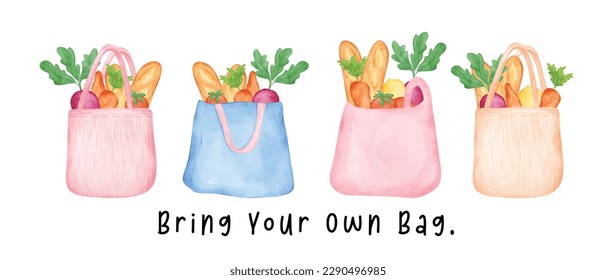 Grupo de pastel dulce Eco-Friendly reutilizable bolsa de compras llena de verduras frescas acuarela mano dibujo ilustración banner