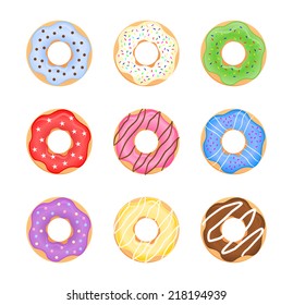 Group of sweet tasty colorful donuts variation. Different ring shaped donut collection, multi color set, vector art image illustration, cartoon graphic drawing design, isolated on white background 