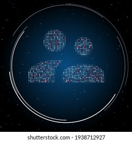 The group symbol filled with white dots. Pointillism style. Some dots is red. Vector illustration on blue background with stars