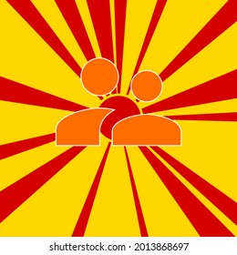 Group symbol on a background of red flash explosion radial lines. The large orange symbol is located in the center of the sun, symbolizing the sunrise. Vector illustration on yellow background