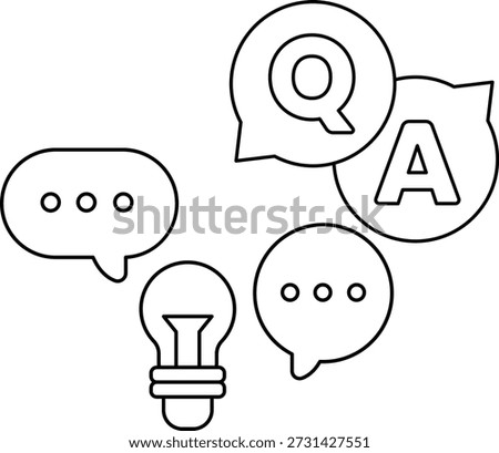 A group of symbols including a light bulb, a question mark, and an A. Concept of asking questions and seeking answers