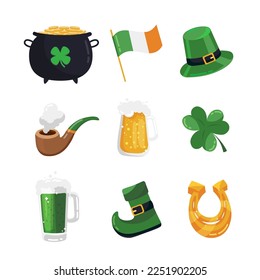 Gruppe von Symbolen für Feiertage am St. Patrick's Day auf weißem Hintergrund