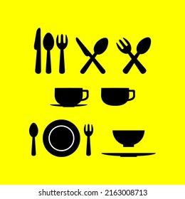 Group of table  kitchen icon such as spoon, fork, knife, plate, bowl and cup. Minimalism object vector 