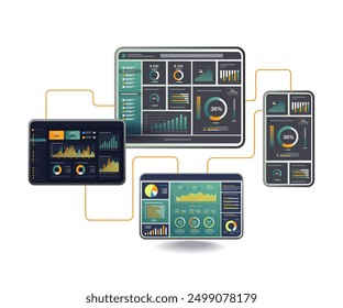 Un grupo de tabletas y computadoras portátiles que muestran varios gráficos y gráficos para el análisis de datos