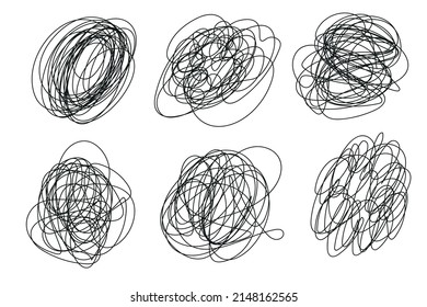 Group of tangled abstract scribble with hand drawn line. Doodle elements. Sketch vector illustration  isolated on white background. 