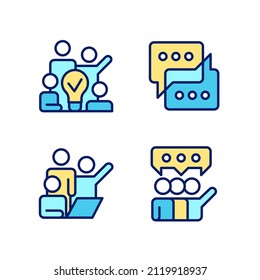 Group tasks pixel perfect RGB color icons set. Sharing opinions. Communication for collaborative process. Isolated vector illustrations. Simple filled line drawings collection. Editable stroke