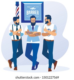 Group Tattooed Cool Young Bearded Hipster Men Wearing Trendy Clothes Stand with Crossed Arms in Barber Shop. Handsome Gentlemen Customers Posing in Male Beauty Salon. Cartoon Flat Vector Illustration