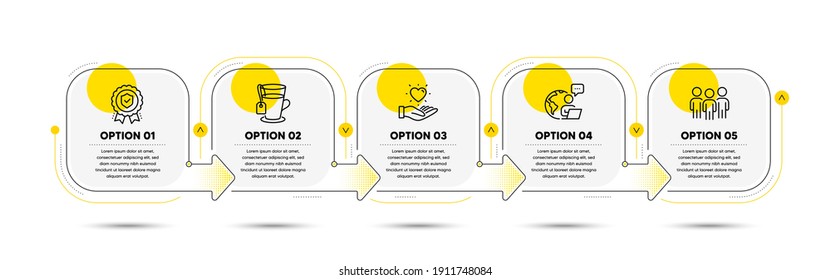 Group, Tea and Insurance medal line icons set. Timeline process flowchart. Hold heart sign. Business meeting, Glass mug, Certified protection. Love brand. Business set. Vector