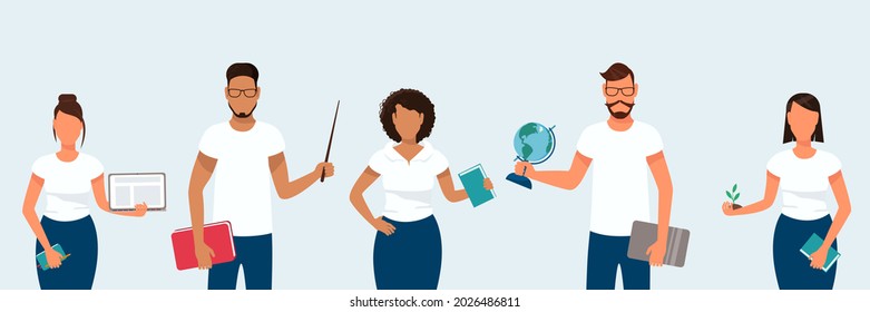 Group of teachers with a pointer, a globe, a laptop, books and a plant. A set of white-skinned and dark-skinned beautiful teachers. Men and women. Concept for schools and education.