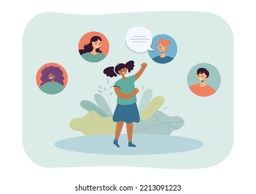 Group of teachers teaching tiny student online. Circle profiles with female faces around learning girl flat vector illustration. Education concept for banner, website design or landing web page