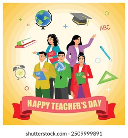 A group of teachers from various fields gathered on Teachers' Day. Educational elements background. Happy Teacher`s Day concept. Flat vector illustration.