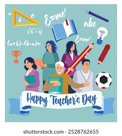 A group of teachers from various fields of science gather together. Celebrating Teacher's Day. Teacher's day concept. Flat vector illustration.