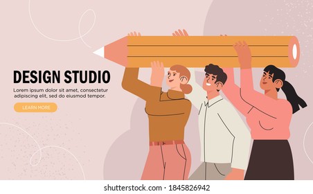 Group or team of creative  business people or designers hold big pencil. Creative banner, advertisement, web page, poster for web or ui design studio or digital painting or educational courses. 