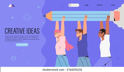 Group Or Team Of Creative Likeminded  Business People Or Designers Hold Big Pencil. Creative Banner, Advertisement, Web Page, Poster For Web Design Studio Or Digital Painting Or Educational Courses. 