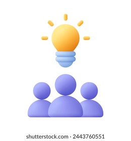 Group team and light bulb. Teamwork, inspiration, solution and creative idea concept. 3d vector icon. Cartoon minimal style.