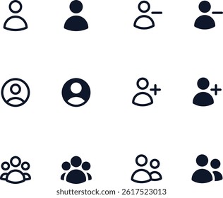 Group and Team Member Icons Set, User Profile with Plus and Add Friends Icon, Social Network Graphic Symbols. Avatar sample display picture symbol