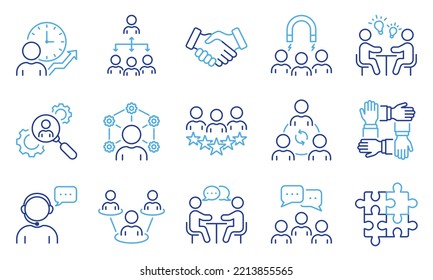 Group Team Network Line Icon Set. Community Business People Work Process Linear Pictogram Collection. Time Management, Service Management Outline Icon. Editable Stroke. Isolated Vector Illustration.