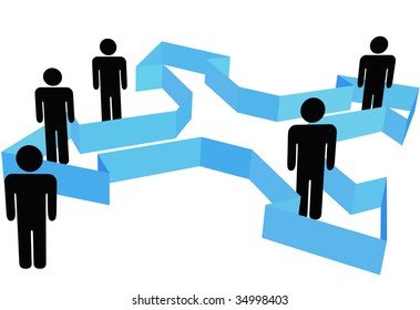 A group or team of Symbol People in organization arrows that point outward in new directions for a company or system.