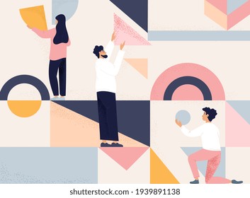 Group or Team of three people arranging geometric shapes into an abstract design in muted pastel colors in a teamwork, organization or arrangement concept , colored flat cartoon vector illustration