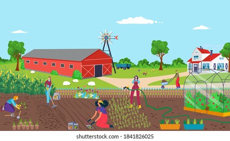 Group teamwork community, cooperation growth and produce team worker vector illustration. Graphic hobby, job together and eco gathering outside. People man woman standing outside, working.