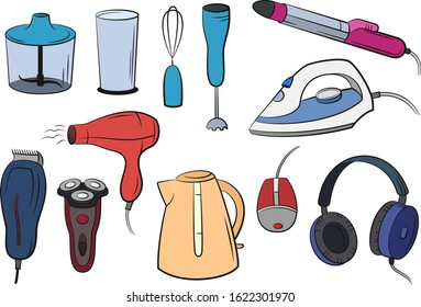 Group of Technical Equipment Icons Isolated on White Shaver, Iron, Hair Dryer, Blender, Kettle, Headphones and Computer Mouse. Vector