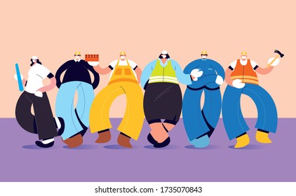 group of technicians and engineers with face mask vector illustration design