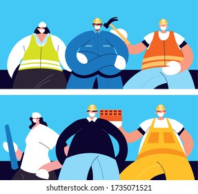 group of technicians and engineers with face mask vector illustration design