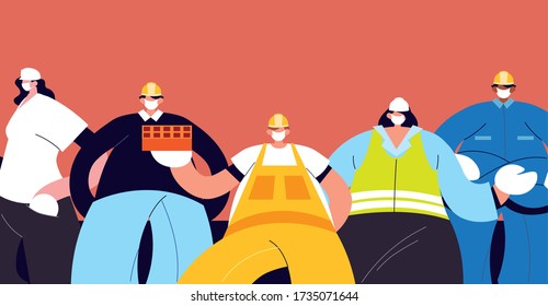 grupo de técnicos e ingenieros con diseño de ilustraciones vectoriales con máscara facial