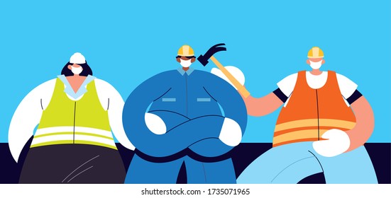 group of technicians and engineers with face mask vector illustration design