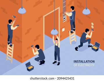 Group of technicians in uniform installing electrical equipment in house 3d isometric vector illustration