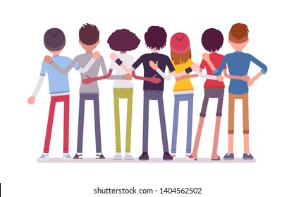 Group of teen friends rear view. Young people, teenager boys and girls standing together, adolescent unity. Vector flat style cartoon illustration isolated, white background, full length portrait