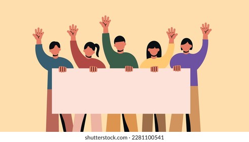 Group of teen holding blank board hands up and standing together. Freedom of speech concept. Flat vector illustration