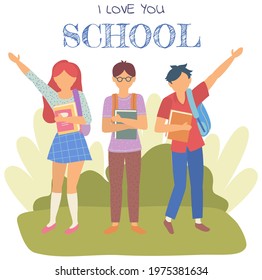 Group of teen pupils, happy friends classmates. School boys and girl students with backpacks and books, schoolchildren portrait. Student pupil teens studying and learning together in lovely school