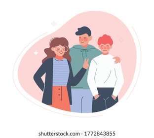 Group of Teenage Boys and Girl or School Friends Standing Together, Friendship Concept Flat Style Vector Illustration