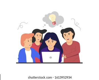 Group teenage boys and girls looking for idea, smile each other, pat on the shoulders. Students work together isolated on white background. Flat cartoon vector illustration.