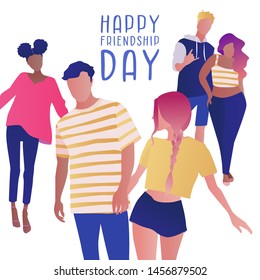 Group of teenage boys and girls or school friends standing together, embracing each other. Happy students isolated on white background. Happy Friendship Day. Flat cartoon vector illustration. 