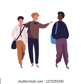 Group of teenage boys isolated on white background. Male students, pupils, classmates or school friends walking together and talking to each other. Colorful vector illustration in modern flat style.