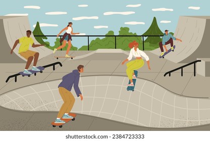 Group of teenage children skateboarding at urban skateboard park