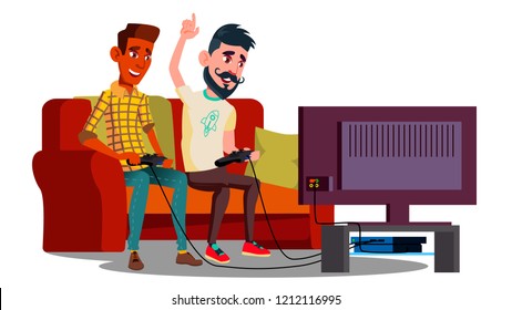 Group Of Teenage Friends Playing Video Games On The Couch Vector. Isolated Illustration
