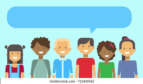 Group Of Teenage Girls And Boys Mix Race Happy Smiling With Chat Bubble Young Woman And Man Diverse Teenagers Vector Illustration