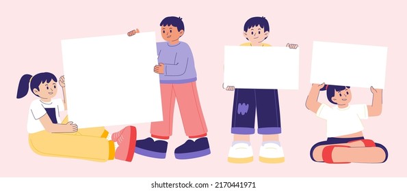 Group of teenage holding mockup blank banner for insert your text or advertising in cartoon character, vector illustration