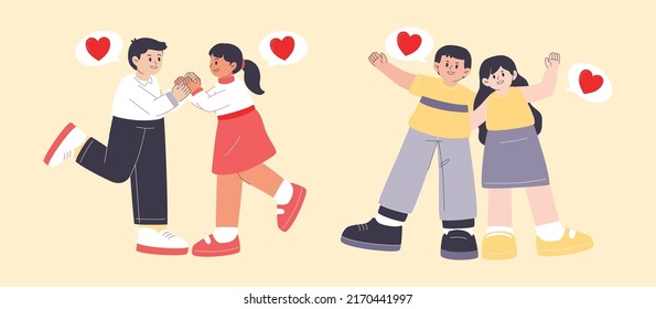 Grupo de adolescentes mostrando manos y gestos con el signo del amor del lenguaje corporal en personaje de dibujos animados, ilustración vectorial