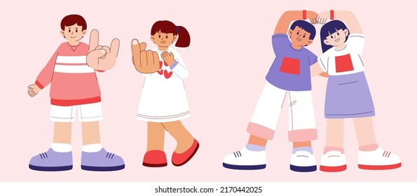 Grupo de adolescentes mostrando manos y gestos con el signo del amor del lenguaje corporal en personaje de dibujos animados, ilustración vectorial