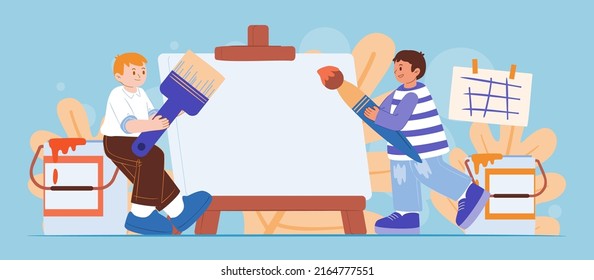 Group of teenager holding paintbrush and palette to paint colors on canvas with painting equipment in cartoon character, vector illustration