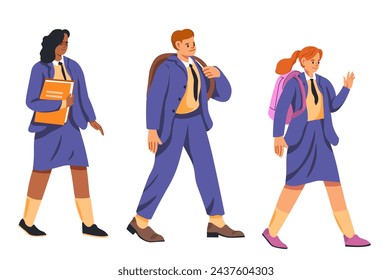 Group of teenager students walking to educational institution. Pupils of middle or high school going to center of learning. Obtaining knowledge and studying. Back to studies. Vector in flat style