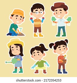 Group of teenagers boys and girls wearing gloves and planting trees and puring water from watering can with happy in cartoon  character, vector illustration